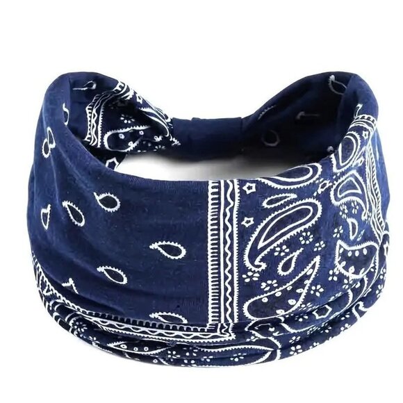 Bohemian Paisley Pattern Bandana Sporty Headband (Navy Blue) - Picture 1 of 4
